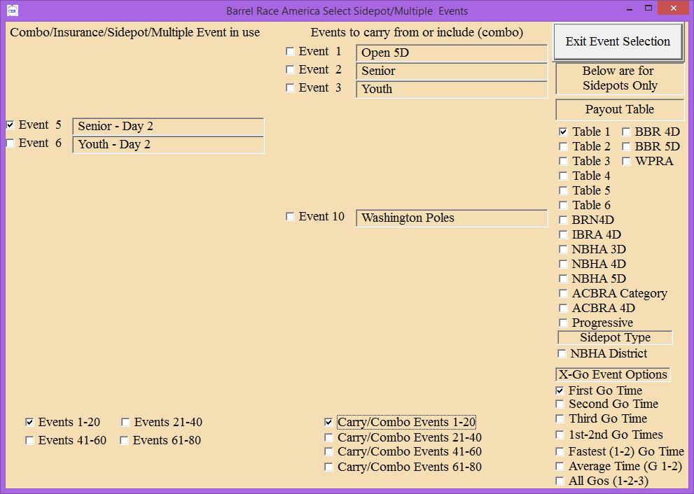 Selecting Sidepot/Multiple Carry Events This is where you tell the system to include events in the Sidepot calculation, for events with multiple carry overs, or for