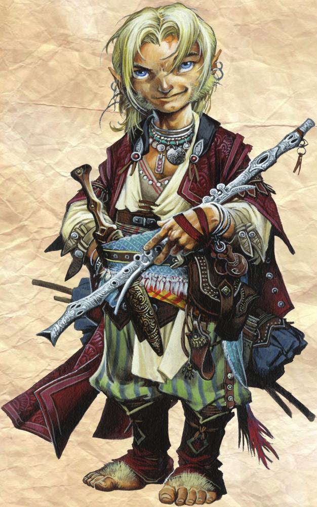 Bard (Level 1) LEM HALFLING BARD 1 Small humanoid (halfling) CG Init +2; Senses Perception +2 AC 15, touch 13, flat-footed 13 (+2 armor, +2 Dex, +1 size) hp 10 (1d8+2) Fort +3, Ref +5, Will +3; +2 vs.