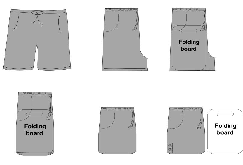 Pants/Shorts Hold shorts/pants with the front facing you. Fold shorts/pants in half, front facing you. Place folding board UNDERNEATH shorts lining up the board with the left side of the shorts/pants.