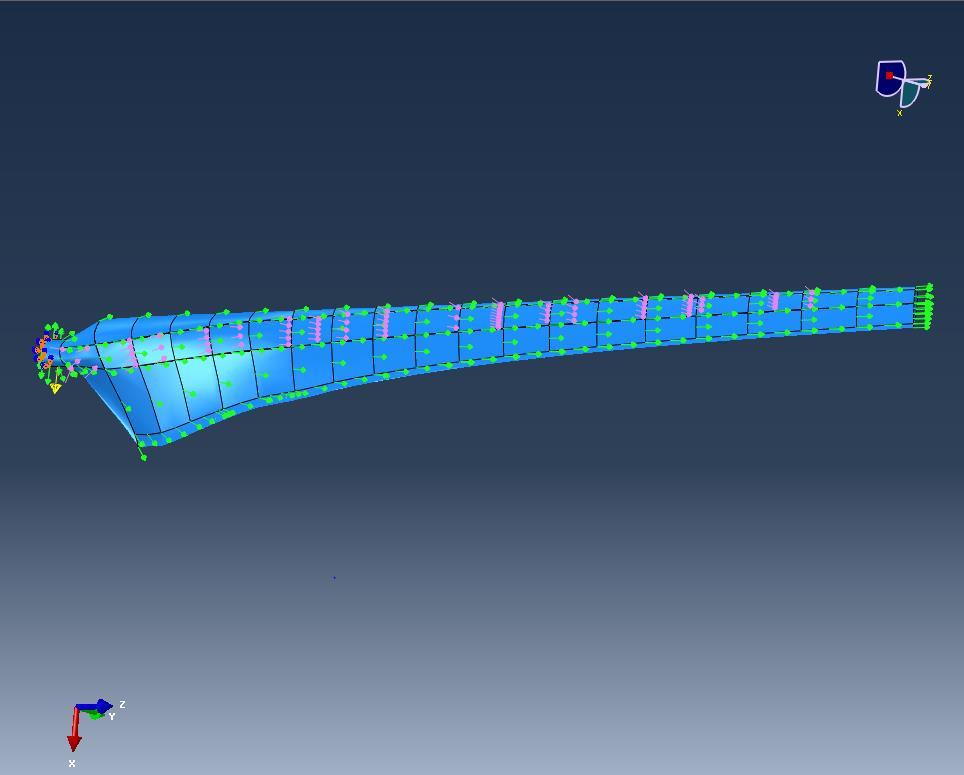 Figure 62 Pressure loading application shown with pink arrows along the spar during normal operation. 6.3 Results of ABAQUS Modeling FEA is a valuable tool for engineers due to its ability to accurately define the stress and strain throughout a model very accurately when properly utilized.