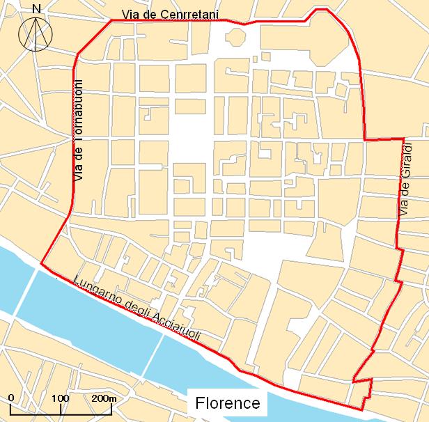 The target area in Florence spanned from Via de Giraldi to Via de Tornabuoni and from Lungarno degli Acciaiuoli to Via de Cenrretani.