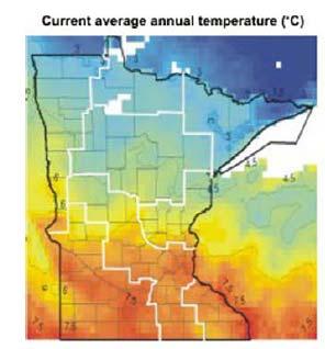 The historic pattern of average temperature (darker blue shading indicates lower temperature) in NE Minnesota (1970-1999) suggests the possibility of a future refuge for moose near the northern