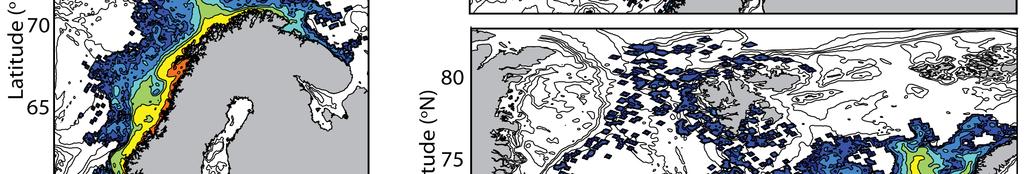 The 20 year mean distribution of larvae on September 1st (1989 2008) is shown in figure 3, where spawning grounds are aggregated into three main components; a southern
