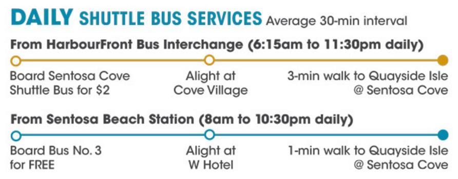 Visitors may also opt to take the new Sentosa Cove shuttle service to Quayside Isle @ Sentosa Cove, available daily from 6.15am to 11.30pm, at an average of 30-minute intervals.