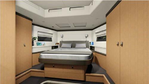 Owner's cabin Headroom: 2,11 m / 6 11 Central double bed (2,05 x 1,72 m / 6 9 x 5 8 - head forward) - slatted bed base - marine mattress (thickness: 120 mm / 5 ) - Padded bed headboard Shelving unit
