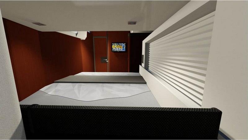 Starboard aft cabin Headroom: 1,91 m / 6 3 1 Double bed (2,04 x 1,40 m / 6 8 x 4 7 ) - slatted bed base - marine mattress (thickness: 120 mm / 5 ) - Padded bed headboard Hanging locker - shelving