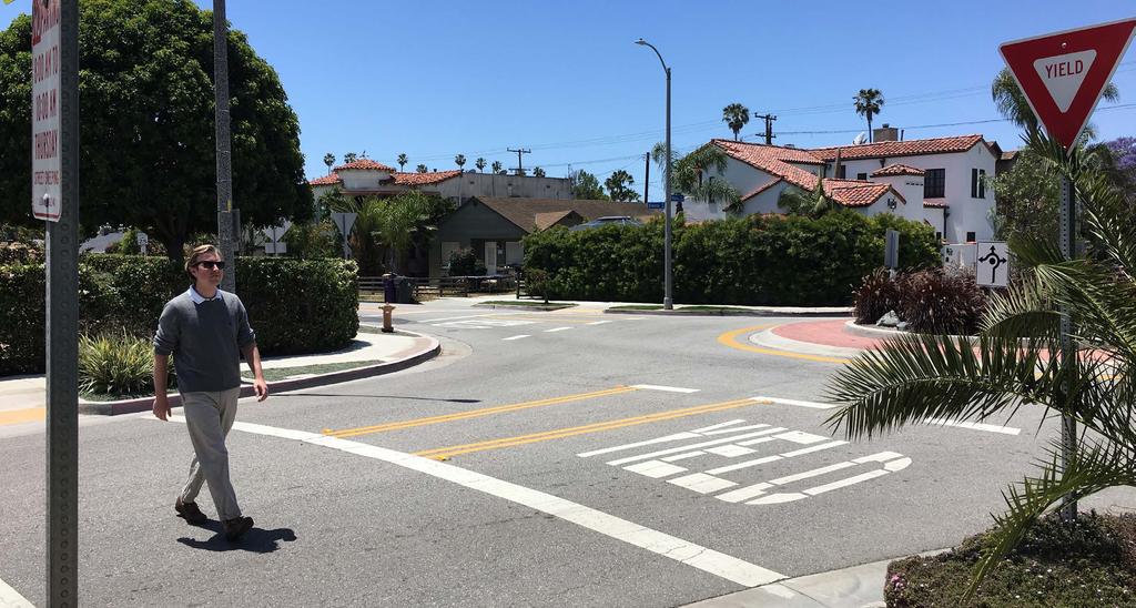 Turning stop signs towards intersecting streets, so bicyclists can ride with few interruptions and pedestrians can cross confidently Replacing some stop-controlled intersections with