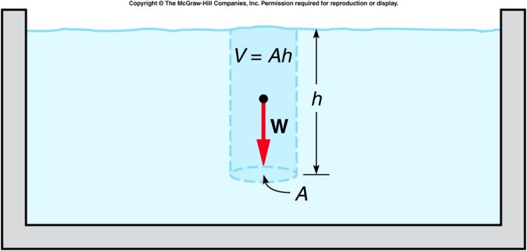 Density and pressure In a container of liquid the pressure at any depth is the weight of the column of water above that depth divided by the horizontal