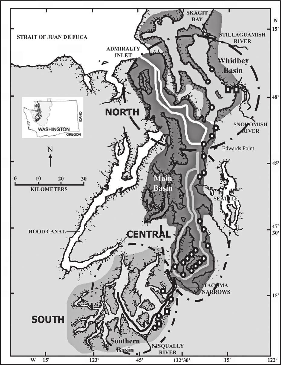 806 DUFFY ET AL. FIGURE 1. Major basins, sampling regions, and sampling locations for juvenile Chinook salmon studies conducted in Puget Sound, 2001 2007.