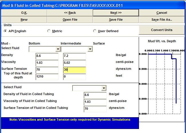 Force and Stress Analysis Module Edit Input Data Mud and Fluid in CT You can have up to three different fluids in the well and one fluid in the coiled tubing.