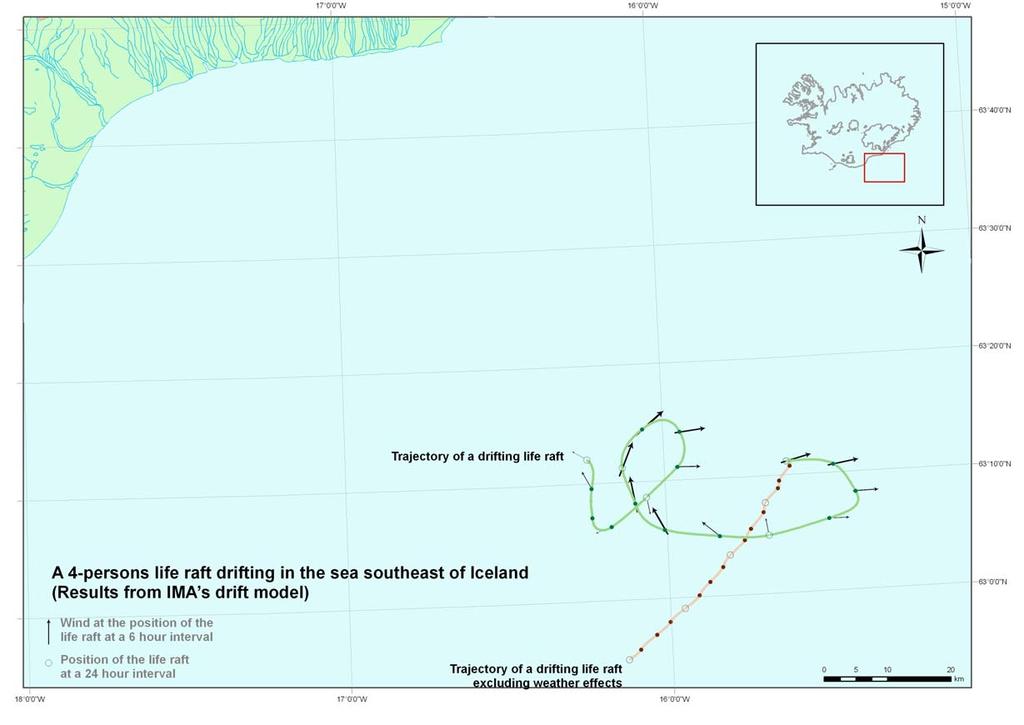 IMA s Drift Model A drifting life raft southeast of Iceland. The drift starts at this position (15.