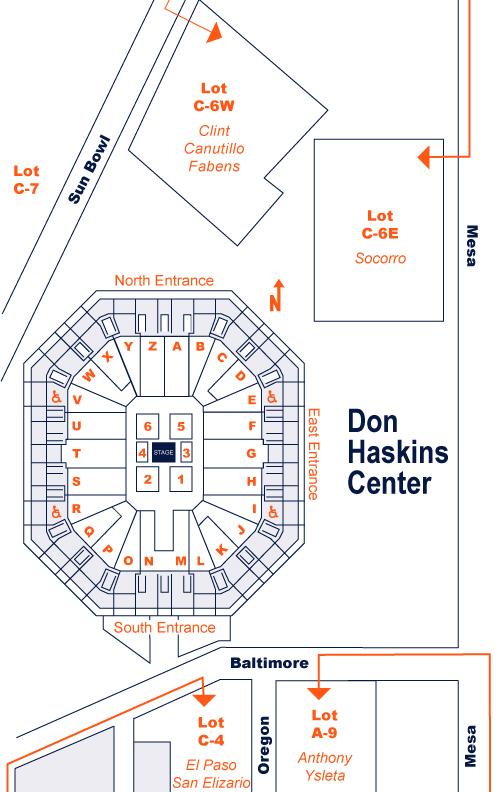 To help ensure both the safety of all participants, and efficiency in approaching and parking at the Don Haskins Center, we have developed the following directions. Please follow these instructions.