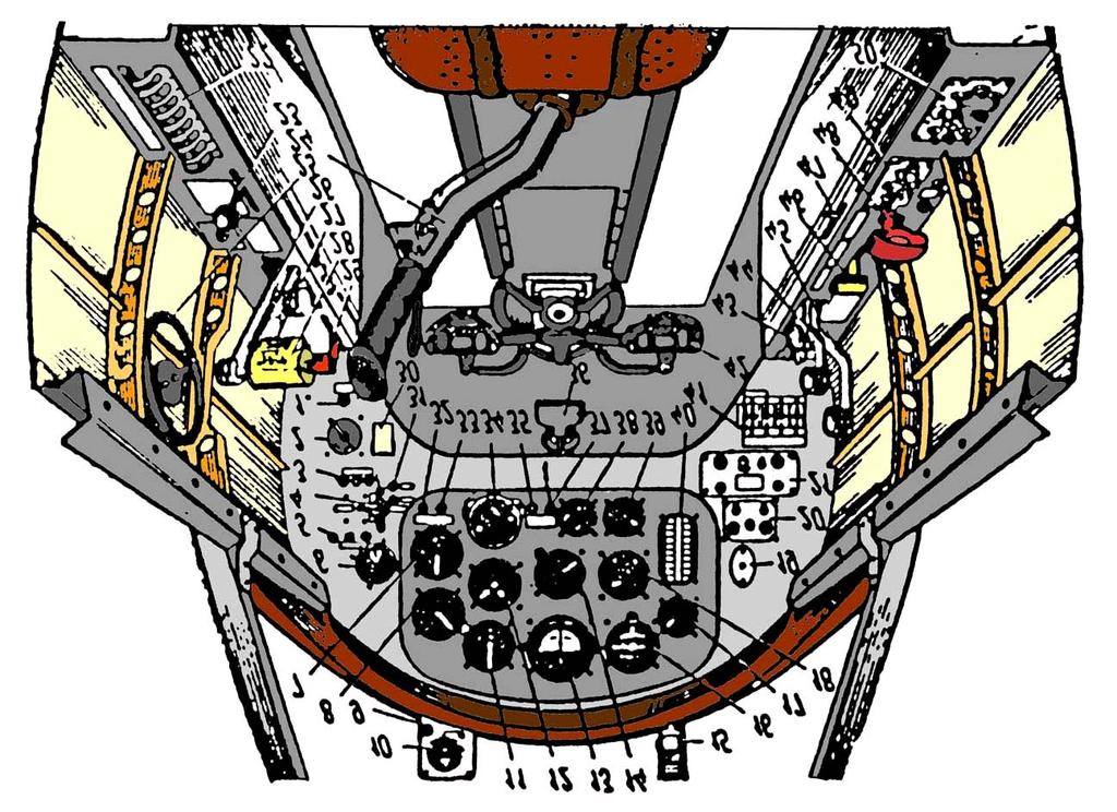 FRONT COCKPIT 1. Lamps check button; 2.Magneto switch; 3."Landing gear extended" warning lamps (green); 4.Landing gear control; 5."Landing gear retracted" warning lamps (red); 6.