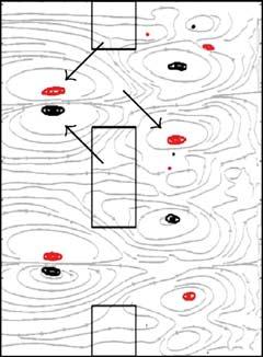 Vorticity contour lines are black for positive (counterclockwise) vorticity and red for negative (clockwise) vorticity with contour interval