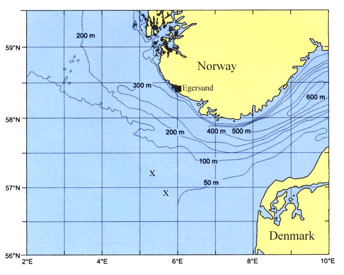 Material and methods Figure 2.1. Location of the experimental and control area (upper and lower cross, X, respectively) southwest of Egersund on the Diana ground.