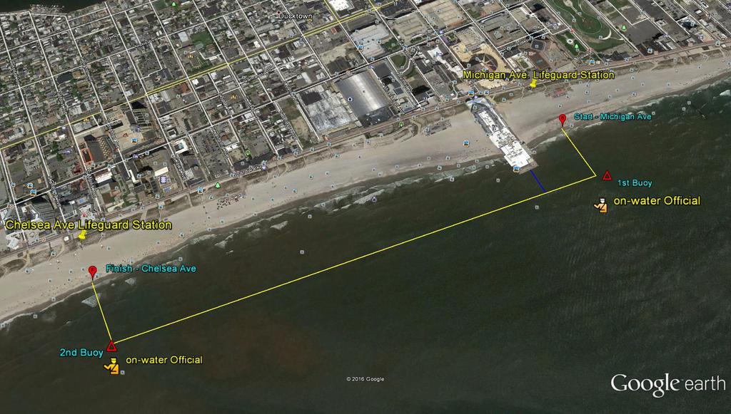 The fllwing pht illustrates the Pageant Ocean Swim curse. Swimmers will start at Michigan Avenue and swim suth t Chelsea Ave. This will be a beach start and finish.