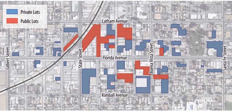 Off-street parking locations (private and city-owned) along Florida Avenue in the commercial area of Downtown Hemet are shown in Figure 6-9.