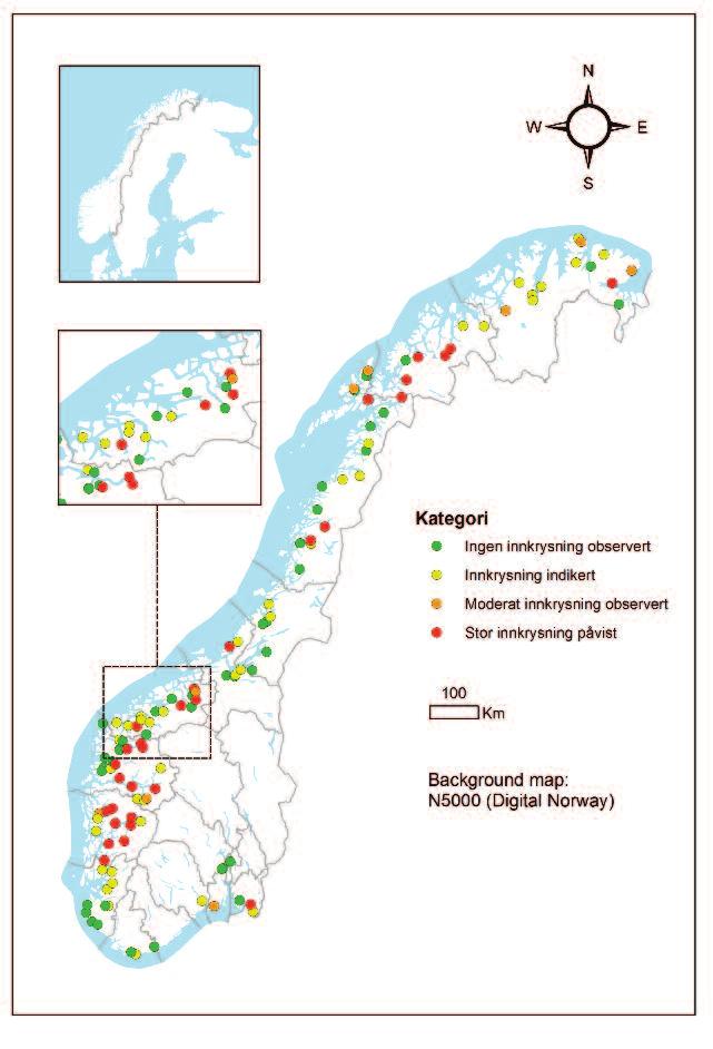 Figure 1: Categorisation of 125 salmon populations in Norway with respect to farmed to wild salmon genetic introgression.