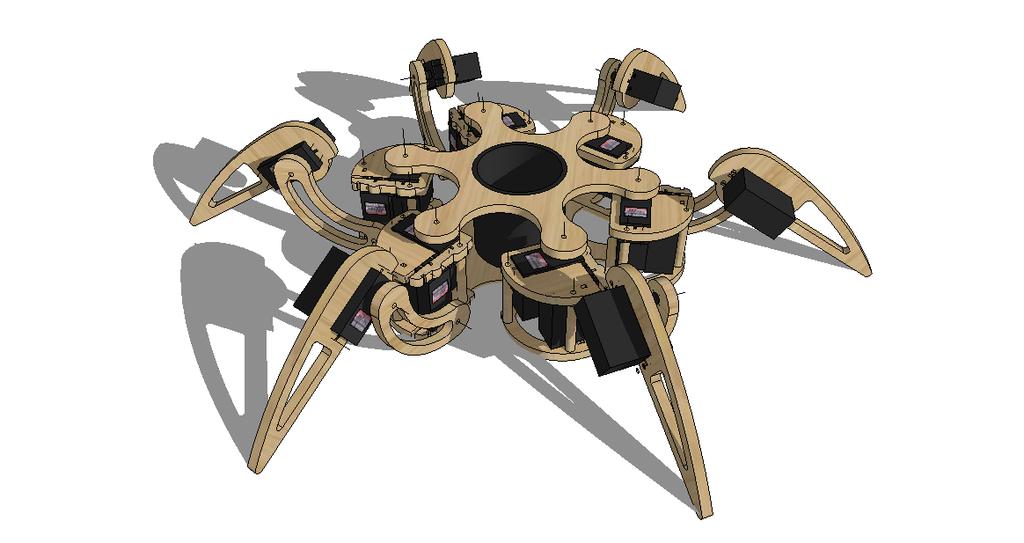 Figure 2.1: Designed 3D model of 18 DoF hexapod All servo-motors are chosen the same as seen in figure 2.3, GWS 03T/STD/J.