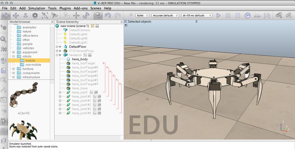 Figure 4.1: V-rep robot simulation environment. A hexapod walking robot is simulated here from its own library and walking algorithms.