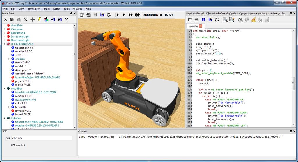 Figure 4.2: Webots robot simulation environment Engine (ODE) which are designed for specific robots or with different kinds of robots.