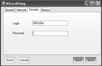 Guide to Operation 2 19 Click the Security tab to type in User ID and Password. Fig. 2-6. Screenshot of the Security tab in the Wizard dialog box. When finished, click Done Button.