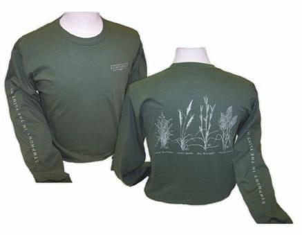 Grasses Long Sleeved T-shirt Tallgrass drawings by local artist Bruce Brock on back, SFH logo on left chest, SFH on right sleeve.