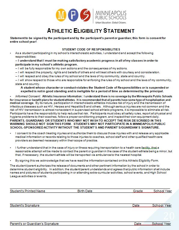 All student participants must have an Athletic Eligibility Statement on file at their school