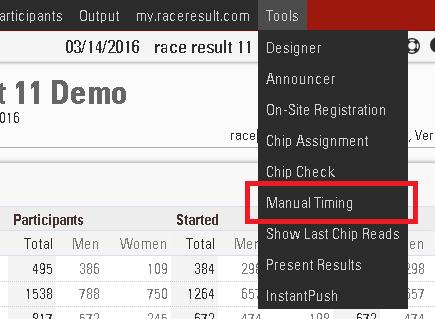 2.1. Capturing Times The Tool for Manual Timing can be found in race result 11 in the Tools Tab: In the Manual Timing tool you can