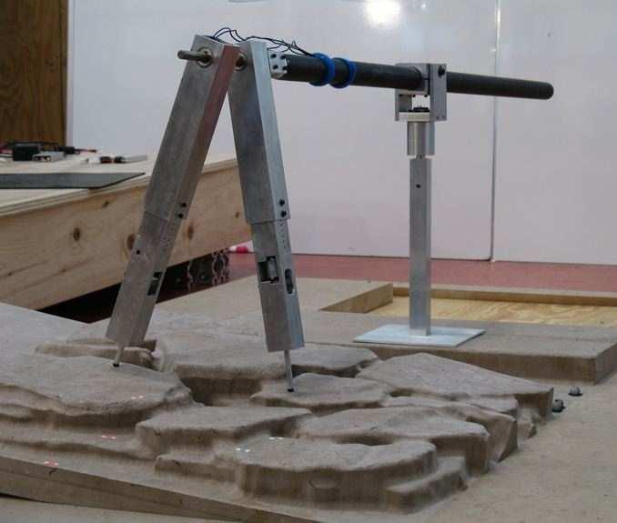 Figure 7-3: Compass gait robot posed on rough terrain. stability demonstrated by the simple low-level control strategy described in this thesis can also be demonstrated on the real-world system.