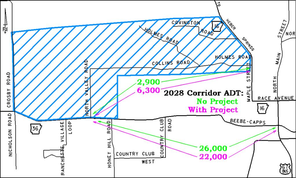 Figure 11 Estimated Project Traffic Western Section - Proposed North Searcy Connection The analysis of the Eastern Section between Highways 16 (Maple Street) and 67 considered the impact the new