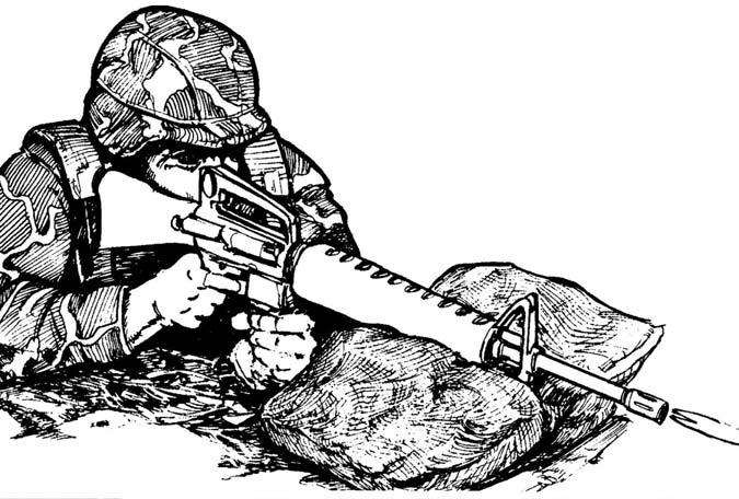 The modified prone firing position uses sandbags to support the handguard and frees the nonfiring hand to be used on any part of the rifle to hold it steady (Figure 7-5). Figure 7-5.