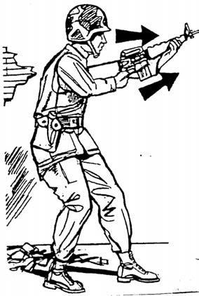 with the butt of the weapon firmly against his shoulder and the firing side elbow close against the body (Figures 7-34 and 7-35). (2) High Ready Position (Figure 7-34).