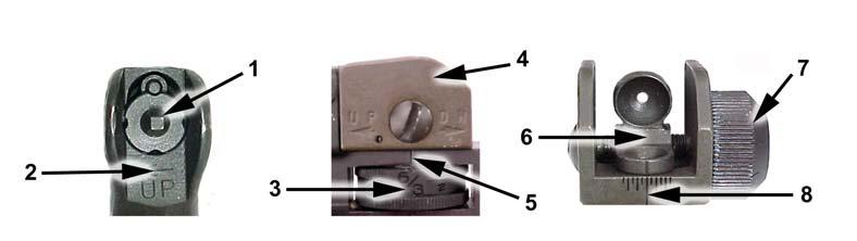 (a) Adjust the front sight post (1) up or down until the base of the front sight post is flush with the front sight post housing (2).