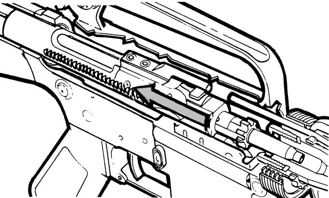 f. Extracting (Figure 4-8). The bolt carrier group continues to move to the rear.