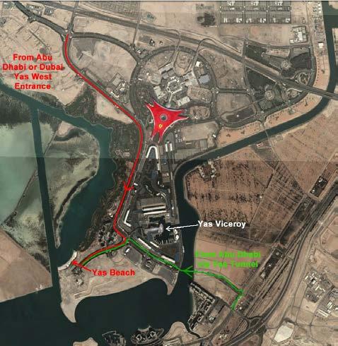 From Dubai or Abu Dhabi (via Saadiyat), take the Yas West entrance and follow the Tourist Drive past Ferrari World. After the hotels plaza turn right and follow the road to the end.