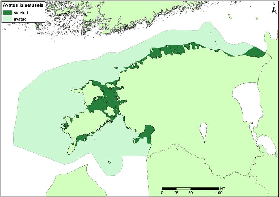 Joonis 4.2.1.6. Eesti mereala jaotus lainetusele avatud ja suletud aladeks. 4.2.2. Karide elupaigatüübi vööndid Karide elupaigatüüp võib esineda väga suures sügavusvahemikus alates rannajoonest kuni mitmekümne meetri sügavuseni.