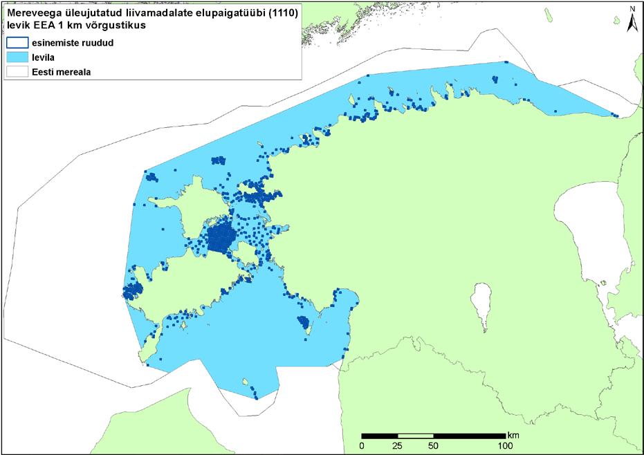 5. SOODSA SEISUNDI KRITEERIUMID JA VÕRDLUS- VÄÄRTUSED 5.1. Levila ja pindala 5.1.1. Mereveega üleujutatud liivamadalad Leviku hinnangud on tehtud 2014. a.