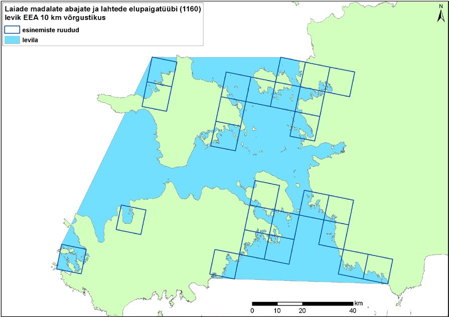 Joonis 2. Jõgede lehtersuudmete elupaigatüübi (1130) levik EEA 10 10 km ruutvõrgustikus.