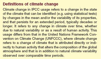 Kliimamuutuse definitsioonid IPCC käsitluses mõistetakse kliimamuutuse all tuvastatavat (statistiliste testidega kindlaks tehtud) kliima seisundi muutust, mida hinnatakse muutuste järgi kliima
