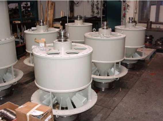 Figure 16: The six axial propeller turbines being assembled at Kössler GmbH The operating conditions of the turbines on the WD differ strongly from those in a normal river hydro power station.