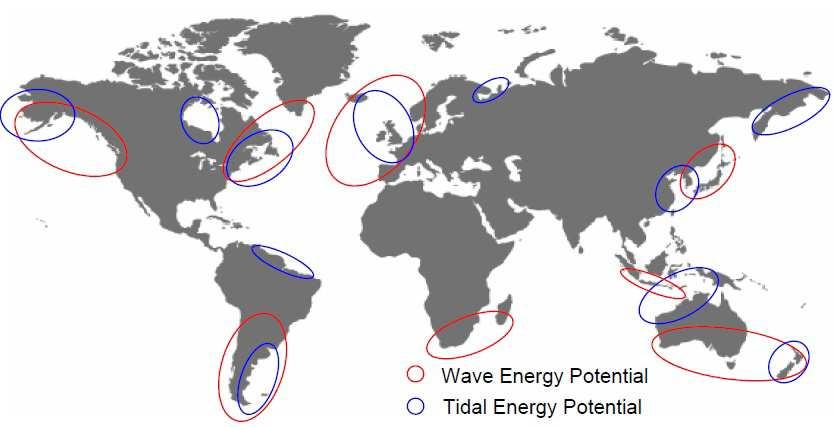 Figure 2: Areas for tidal and wave energy around the world At the moment, in the most interesting areas for wave energy conversion, solar