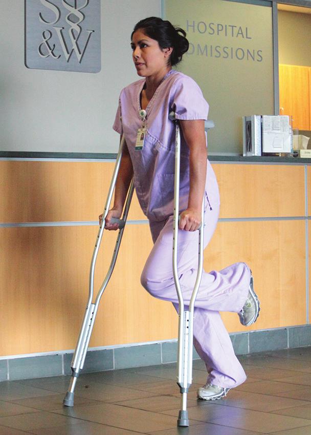WALKing with crutches At the same time advance both crutches approximately one foot ahead while balancing your weight on your healthy leg. Step forward with your injured/healing leg.