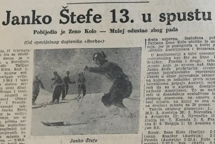 - 18. 2. 1952 Borba v članku opisuje nastope slovenskih športnikov na olimpijskem veleslalomu.