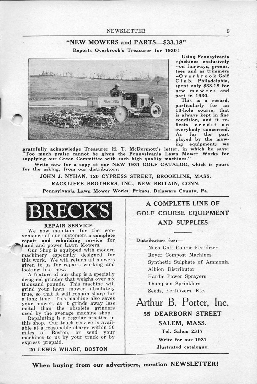 m "NEW MOWERS and PARTS $33.18" Reports Overbrook's Treasurer for 1930! -.