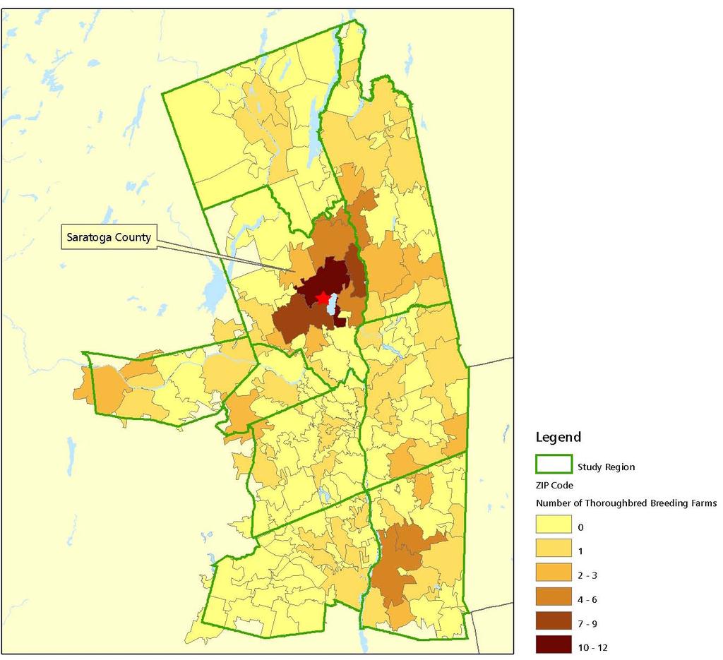 Figure 66: Density of Thoroughbred Horse Farms in the Study Region (2006) Source: New York State Thoroughbred Breeding and
