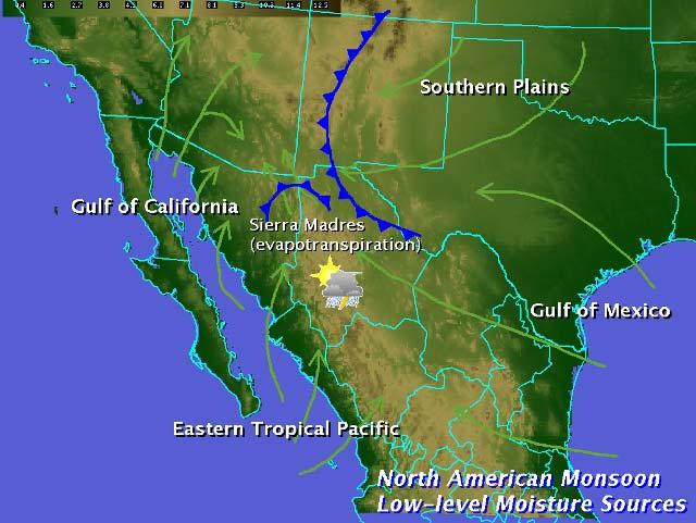 Graphic 1: Moisture sources for the North American Monsoon. Rainfall during the monsoon is not continuous. It varies considerably, depending on a variety of factors.