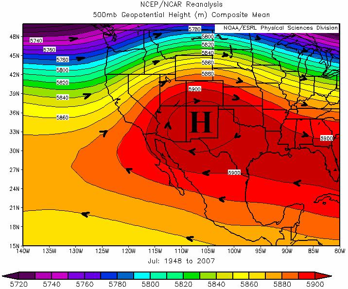 Graphic 3: Mean 500mb height pattern, July. Subtropical high is near maximum seasonal strength over New Mexico.