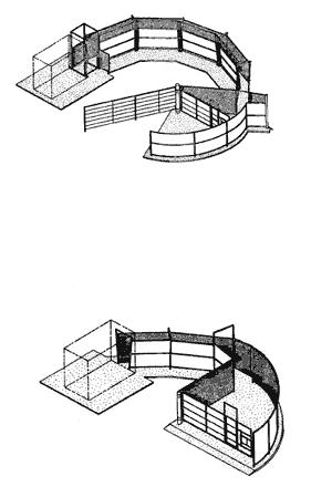 Examples of Curved Working Alleys Restraining Area/Squeeze Chute or Headgate The simplest way to create a working area is to securely fasten a head gate to the end of the working chute.