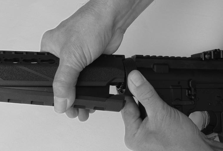 FIELD STRIPPING & CLEANING HANDGUARD REMOVAL 1. Routine cleaning does not usually require handguard removal. 2. POINT GUN IN SAFE DIRECTION WHILE KEEPING FINGER OFF THE TRIGGER. 3.